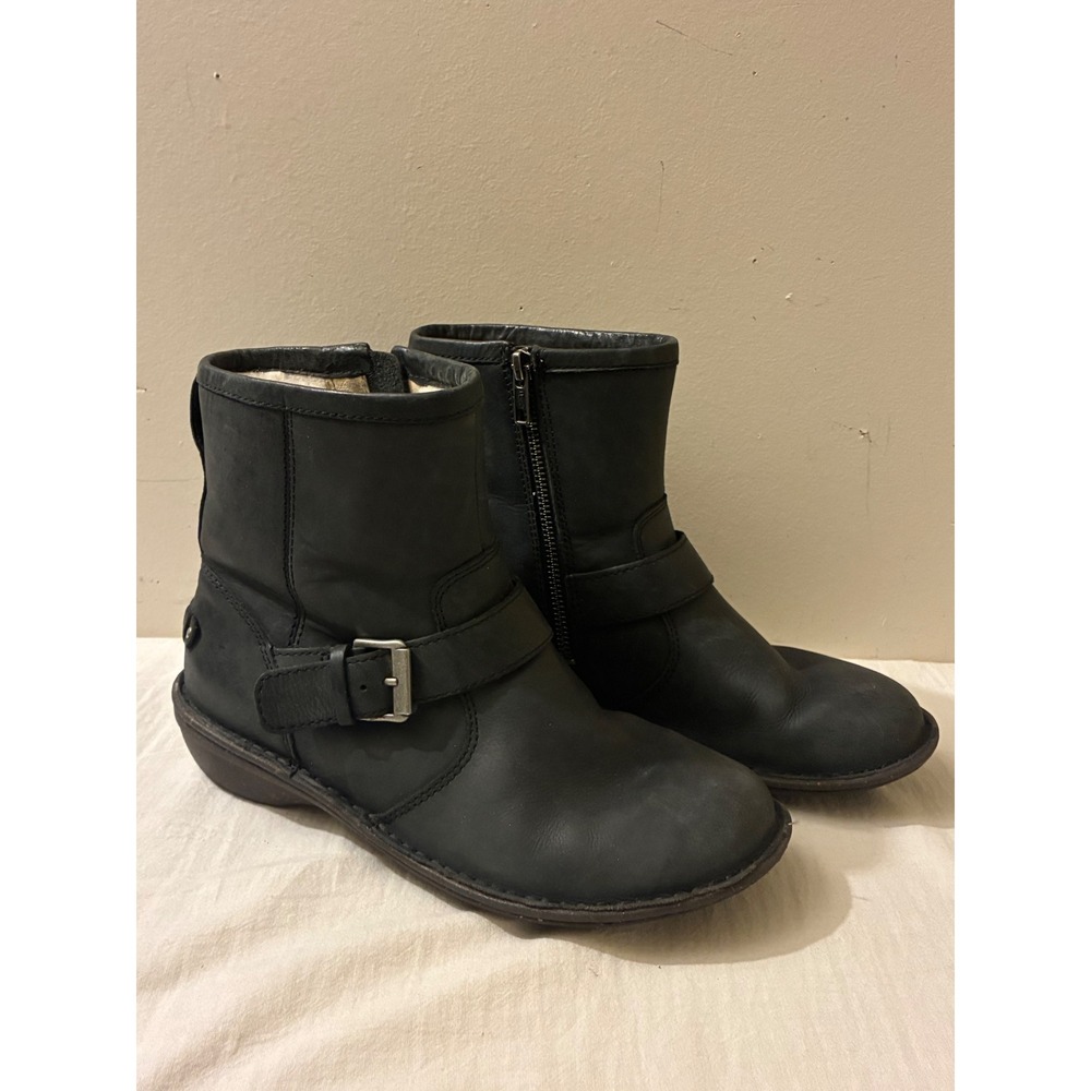 UGG Womens 8 Black Leather Waterproof Moto Ankle Boots Cold Weather 1009177